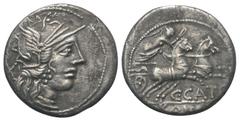Roman Republican C. Porcius Cato. Denar (Silber). 123 v. Chr. Rom. Vs: Kopf der Roma mit geflügeltem Helm rechts, dahinter X. Rs: C. CATO Victoria in Biga nach rechts. Im Abschnitt: ROMA. 18 mm. 3,74 