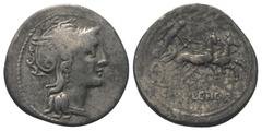Roman Republican C. Claudius Pulcher. Denar (Silber). 110 oder 109 v. Chr. Rom. Vs: Kopf der Roma mit geflügeltem Greifenkopfhelm rechts. Rs: C PVLCHER. Victoria in galoppierender Biga nach rechts fah