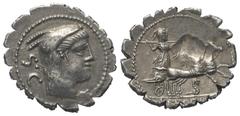 Roman Republican L. Procilius. Denar (Silber). 80 v. Chr. Vs: Kopf der Juno Sospita mit Ziegenfellkappe rechts, dahinter S C. Rs: L PROCILI F. Juno Sospita mit Lanze und Schild in galoppierender Biga 