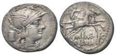 Roman Republican M. Marcius. Denar (Silber). 134 v. Chr. Rom. Vs: Kopf der Roma mit geflügeltem Helm rechts, dahinter Modius. Rs: M MAR(Ligatur) C / ROMA. Victoria in Biga nach rechts fahrend. 19 mm. 