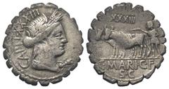 Roman Republican C. Marius Capito. Denar (Silber). 81 v. Chr. Rom. Vs: CAPIT. Drapierte Büste der Ceres mit Ährenkranz rechts, davor Füllhorn; darüber Kontrollmarke XXXIII. Rs: C MARI C F / S C. Pflüg