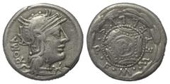 Roman Republican M. Caecilius Metellus. Denar (Silber). 127 v. Chr. Rom. Vs: ROMA. Kopf der Roma mit geflügeltem Helm rechts, davor Wertzeichen. Rs: M METELLVS Q F. Makedonischer Rundschild mit Elefan