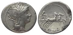 Roman Republican C. Claudius Pulcher. Denar (Silber). 110 oder 109 v. Chr. Rom. Vs: Kopf der Roma mit geflügeltem Greifenkopfhelm rechts. Rs: C PVLCHER. Victoria in galoppierender Biga nach rechts fah