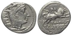 Roman Republican L. Thorius Balbus. Denar (Silber). 105 v. Chr. Rom. Vs: Kopf der Juno Sospita mit Ziegenfellkappe rechts, dahinter I S M R. Rs: L THORIVS / BALBVS. Stier nach rechts springend, darübe