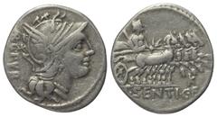 Roman Republican L. Sentius. Denar (Silber). 101 v. Chr. Rom. Vs: ARG PVB. Kopf der Roma mit geflügeltem Greifenkopfhelm rechts. Rs: L SENTI C F. Jupiter mit Szepter und Blitzbündel in galoppierender 