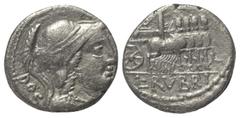 Roman Republican L. Rubrius Dossenus. Denar (Silber). 87 v. Chr. Rom. Vs: DOS. Büste der Minerva mit Helm und Aegis rechts. Rs: L RVBRI. Triumphalquadriga nach rechts fahrend, darüber Victoria in Biga