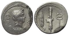 Roman Republican C. Norbanus. Denar (Silber). 83 v. Chr. Rom. Vs: C NORBANVS. Kopf der Venus mit Diadem rechts, dahinter Kontrollzeichen. Rs: Ähre, Liktorenbündel mit Axt und Caduceus nebeneinander. 2