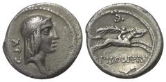 Roman Republican C. Calpurnius Piso Frugi. Denar (Silber). 67 v. Chr. Rom. Vs: Kopf des Apollo mit Lorbeerkranz rechts. Rs: C PISO L F FRV. Reiter mit Palmzweig zu Pferde nach rechts galoppierend; dar