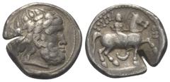 Celtic Ostkelten. Philippos II - Typen. Tetradrachme (Silber). Vs: Kopf des bärtigen Zeus mit Lorbeerkranz rechts. Rs: Nackter Jüngling mit Palmzweig zu Pferde nach rechts reitend; unter dem Pferd Tor