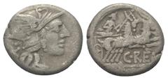 Roman Republican C. Renius. Denar (Silber). 138 v. Chr. Rom. Vs: Kopf der Roma mit geflügeltem Helm rechts. Rs: C RENI / [ROMA] Juno mit Peitsche und Szepter in Ziegenbiga nach rechts fahrend. 17 mm. 