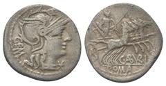 Roman Republican C. Aburius Geminus. Denar (Silber). 134 v. Chr. Rom. Vs: GEM. Kopf der Roma mit geflügeltem Helm rechts, davor Wertzeichen. Rs: C ABVRI / ROMA. Mars mit Lanze und Schild in galoppiere