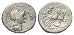 Roman Republican M. Cipius. Denar (Silber). 115 - 114 v. Chr. Rom. Vs: M CIPI M F. Kopf der Roma mit geflügeltem Helm rechts, dahinter Wertzeichen. Rs: ROMA. Victoria mit Palmzweig in galoppierender B