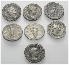 Lots - Ancient Coins Römische Münzen - Lots. Kaiserzeit. Lot (7 Stück, Silber): Antoniniane der Mitte des 3. Jhdts. Gordianus Pius (4x). Philippus Arabs (1x). Traianus Decius (1x), Rs DACIA FELIX (ss)