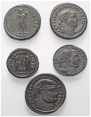Lots - Ancient Coins Römische Münzen - Lots. Kaiserzeit. Lot (5 Stück, Bronze): Folles. Diocletianus (284 - 305 n. Chr.). Maximianus I. Herculius (285 - 310 n. Chr.). Constantius I. Chlorus (305 - 306