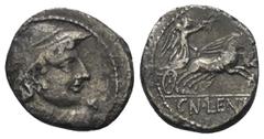 Roman Republican Cn. Lentulus Clodianus. Quinar (Silber). 88 v. Chr. Rom. Vs: Büste des Mars, mit Helm, Lanze und Schildgurt nach rechts. Rs: Victoria rast in Biga nach rechts. Im Abschnitt CN LENTVL.