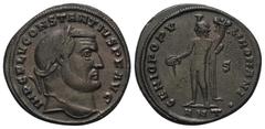Roman Imperial Coinage Constantius I. Chlorus (305 - 306 n. Chr.). Follis. um 305. Antiochia. Vs: IMP C FL V CONSTANTIVS P F AVG. Kopf mit Lorbeerkranz rechts. Rs: GENIO POPVLI ROMANI / ANT. Genius mi
