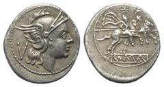 Roman Republican Anonyme Prägungen. Quinar (Silber). 211 - 208 v. Chr. Rom. Vs: Kopf der Roma mit geflügeltem Helm rechts, dahinter Wertzeichen V. Rs: ROMA. Die Dioscuren mit eingelegten Lanzen zu Pfe