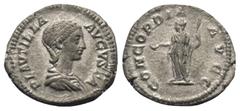 Roman Imperial Coinage Plautilla (gest. 211 n. Chr.). Denar (Silber). 202 n. Chr. (unter Septimius Severus). Rom. Vs: PLAVTILLA AVGVSTA. Drapierte Büste rechts. Rs: CONCORDIA AVGG. Concordia mit Pater