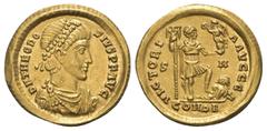 Roman Imperial Coinage Theodosius I. (379 - 395 n. Chr.). Solidus (Gold). 393 - 395 n. Chr. Sirmium. Vs: D N THEODO - SIVS P F AVG. Büste mit Perldiadem, Paludament und Panzer rechts. Rs: VICTORI - A 