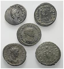Lots - Ancient Coins Römische Münzen - Lots. Kaiserzeit. Lot (5 Stück, Bronze): Antoniniani der Salonina (gest. 268 n. Chr), Severina (Kaiserin 270 - 275 n. Chr.), Carinus (283 - 285 n. Chr.), Dioclet