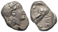 Greek Attika. Athen. Tetradrachme (Silber). Ca. 353 - 294 v. Chr. Vs: Kopf der Athena mit ölzweiggeschmücktem attischem Helm, Ohranhänger und Halskette rechts. Rs: Eule nach rechts stehend, Kopf en fa
