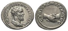 Roman Imperial Coinage Pupienus (238 n. Chr.). Antoninian (Silber). 238 n. Chr. Rom. Vs: IMP CAES PVPIEN MAXIMVS AVG. Büste mit Strahlenkrone, Paludament und Panzer rechts. Rs: CARITAS MVTVA AVGG. Zwe