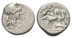 Roman Republican M. Cipius. Denar (Silber). 115 - 114 v. Chr. Rom. Vs: M CIPI M F. Kopf der Roma mit geflügeltem Helm rechts, dahinter Wertzeichen. Rs: ROMA. Victoria mit Palmzweig in galoppierender B