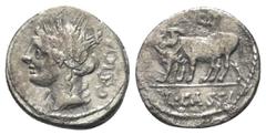 Roman Republican L. Cassius Caecianus. Denar (Silber). 102 v. Chr. Rom. Vs: CAEICIAN. Kopf der Ceres mit Ährenkranz links, dahinter Kontrollmarke C über Punkt. Rs: L CASSI. Ochsengespann mit Joch und 