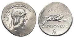 Roman Republican L. Calpurnius Piso Frugi. Denar (Silber). 90 v. Chr. Rom. Vs: Kopf des Apollo mit Lorbeerkranz rechts. Dahinter Kontroll- und Wertzeichen. Rs: L PISO FRVGI / RA. Reiter mit Palmzweig 