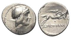 Roman Republican L. Calpurnius Piso Frugi. Denar (Silber). 90 v. Chr. Rom. Vs: Kopf des Apollo mit Lorbeerkranz rechts. Rs: L PISO FRVGI. Reiter mit Palmzweig zu Pferde nach rechts galoppierend. 18 mm