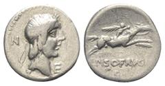 Roman Republican L. Calpurnius Piso Frugi. Denar (Silber). 90 v. Chr. Rom. Vs: Kopf des Apollo mit Lorbeerkranz rechts, rechts und links ein Kontrollzeichen. Rs: L PISO FRVGI. Reiter mit Palmzweig zu 
