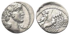 Roman Republican C. Vibius Pansa. Denar (Silber). 90 v. Chr. Rom. Vs: [PANSA]. Kopf des Apollo mit Lorbeerkranz rechts, davor Kontrollmarke. Rs: [C VIBIVS C F]. Minerva mit Lanze und Tropaeum in Quadr