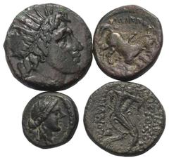 Lots - Ancient Coins Griechische Münzen - Lots. Pella (Makedonien) / Philippos II. / Philippos V. (Königreich Makedonien) / Antiochos VIII. (Königreich der Seleukiden). Lot (4 Stück): Bronze; ca. 4. -