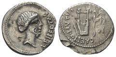 Roman Imperatorial M. Iunius Brutus. Denar (Silber). 43 - 42 v. Chr. Mobile Münzstätte von Brutus in Lykien. Vs: LEIBERTAS. Kopf der Libertas rechts. Rs: CAEPIO BRVTVS [PRO COS]. Plectrum, Lyra und mi