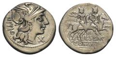 Roman Republican L. Sempronius Pitio. Denar (Silber). 148 v. Chr. Rom. Vs: PITIO. Kopf der Roma mit geflügeltem Helm rechts, davor Wertzeichen. Rs: L SEMP / ROMA. Die Dioscuren mit eingelegten Lanzen 