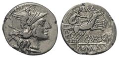 Roman Republican C. Valerius Flaccus. Denar (Silber). 140 v. Chr. Rom. Vs: Kopf der Roma mit geflügeltem Helm rechts, dahinter Wertzeichen X. Rs: FLAC / C VAL C F / ROMA. Victoria in Biga nach rechts 