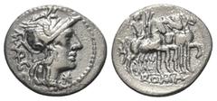 Roman Republican M. Vargunteius. Denar (Silber). 130 v. Chr. Rom. Vs: Kopf der Roma mit geflügeltem Helm rechts, davor Wertzeichen, dahinter M VARG (teilweise in Ligatur). Rs: ROMA. Jupiter mit Palmzw