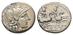 Roman Republican C. Plautius. Denar (Silber). 121 v. Chr. Rom. Vs: Kopf der Roma mit geflügeltem Helm rechts, dahinter Wertzeichen. Rs: C PLVT[I / ROMA]. Die Dioskuren mit eingelegten Lanzen nach rech