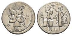 Roman Republican M. Furius Philus. Denar (Silber). 120 v. Chr. Rom. Vs: M FOVRI. L. F. Doppelkopf des Janus mit Lorbeerkranz. Rs: Roma mit Szepter nach links stehend und Tropaeum aus gallischen Waffen