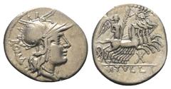 Roman Republican M. Tullius. Denar (Silber). 119 v. Chr. Rom. Vs: ROMA. Kopf der Roma mit geflügeltem Greifenkopfhelm rechts. Rs: M TVLLI. Victoria mit Palmzweig in galoppierender Quadriga nach rechts