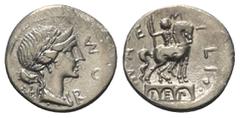 Roman Republican Mn. Aemilius Lepidus. Denar (Silber). 114 oder 113 v. Chr. Rom. Vs: ROMA. Drapierter Frauenkopf (Roma?) mit Lorbeerkranz und Diadem rechts. Links unten Stern. Rs: MN AEMILIO / LEP. St