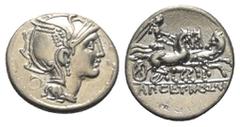 Roman Republican Appius Claudius Pulcher mit T. Manlius Mancinus und Q. Urbinius. Denar (Silber). 111 oder 110 v. Chr. Rom. Vs: Kopf der Roma mit geflügeltem Helm rechts, dahinter Dreieck mit vertieft