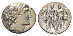 Roman Republican L. Memmius. Denar (Silber). 109 oder 108 v. Chr. Rom. Vs: Kopf des Apollon, unter Kinn Stern. Rs: Die Dioskuren mit Speeren zwischen ihren Pferden von vorne. Im Abschnitt L.MEMMI. 18 
