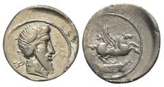 Roman Republican Q. Titius. Denar (Silber). 90 v. Chr. Rom. Vs: Bärtiger Kopf mit geflügeltem Diadem rechts. Rs: Pegasus nach rechts springend, darunter Basis mit der Inschrift Q TITI. 21 mm. 3,68 g. 