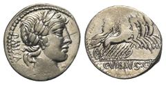 Roman Republican C. Vibius Pansa. Denar (Silber). 90 v. Chr. Rom. Vs: PANSA. Kopf des Apollo mit Lorbeerkranz rechts, davor Kontrollmarke. Rs: C VIBIVS C F. Minerva mit Lanze und Tropaeum in Quadriga 