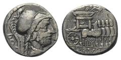 Roman Republican L. Rubrius Dossenus. Denar (Silber). 87 v. Chr. Rom. Vs: DOS. Büste der Minerva mit Helm und Aegis rechts. Rs: L RVB[RI]. Triumphalquadriga nach rechts fahrend, darüber Victoria in Bi
