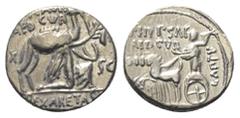 Roman Republican M. Scaurus und P. Hypsaeus. Denar (Silber). 58 v. Chr. Rom. Vs: M SCAVR / AED CVR / EX - S C / REX ARETAS. König Aretas mit Ölzweig nach rechts kniend und Dromedar am Zügel haltend. R