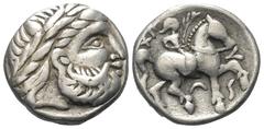 Celtic Ostkelten. Philippos II - Typen. Tetradrachme (Silber). Vs: Kopf des bärtigen Zeus mit Lorbeerkranz rechts. Rs: Nackter Jüngling mit Palmzweig zu Pferde nach rechts reitend; unter dem Pferd Sic