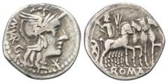Roman Republican M. Vargunteius. Denar (Silber). 130 v. Chr. Rom. Vs: Kopf der Roma mit geflügeltem Helm rechts, davor Wertzeichen, dahinter M VARG (teilweise in Ligatur). Rs: ROMA. Jupiter mit Palmzw