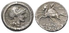 Roman Republican L. Manlius Torquatus. Denar (Silber). 113 - 112 v. Chr. Rom. Vs: ROMA. Kopf der Roma mit geflügeltem Greifenkopfhelm rechts, davor X; das Ganze in Torques. Rs: L TORQVA / Q EX S C. Re